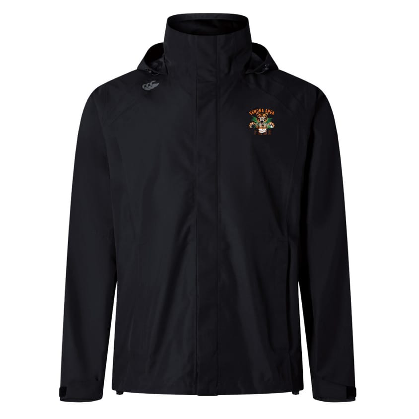 The Verona Area Rugby Elite Storm Jacket by EMB Canterbury is a black waterproof hooded jacket with Vaposhield performance technology and a logo on the left chest featuring text and an animal design, ideal for pitchside coverage.