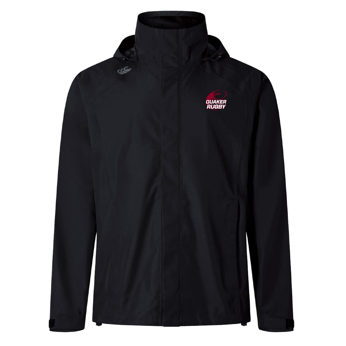 The Guilford College Elite Storm Jacket by Canterbury is a black, breathable hooded jacket featuring the Quaker Rugby logo on the chest and an EMB Canterbury logo on the right shoulder.