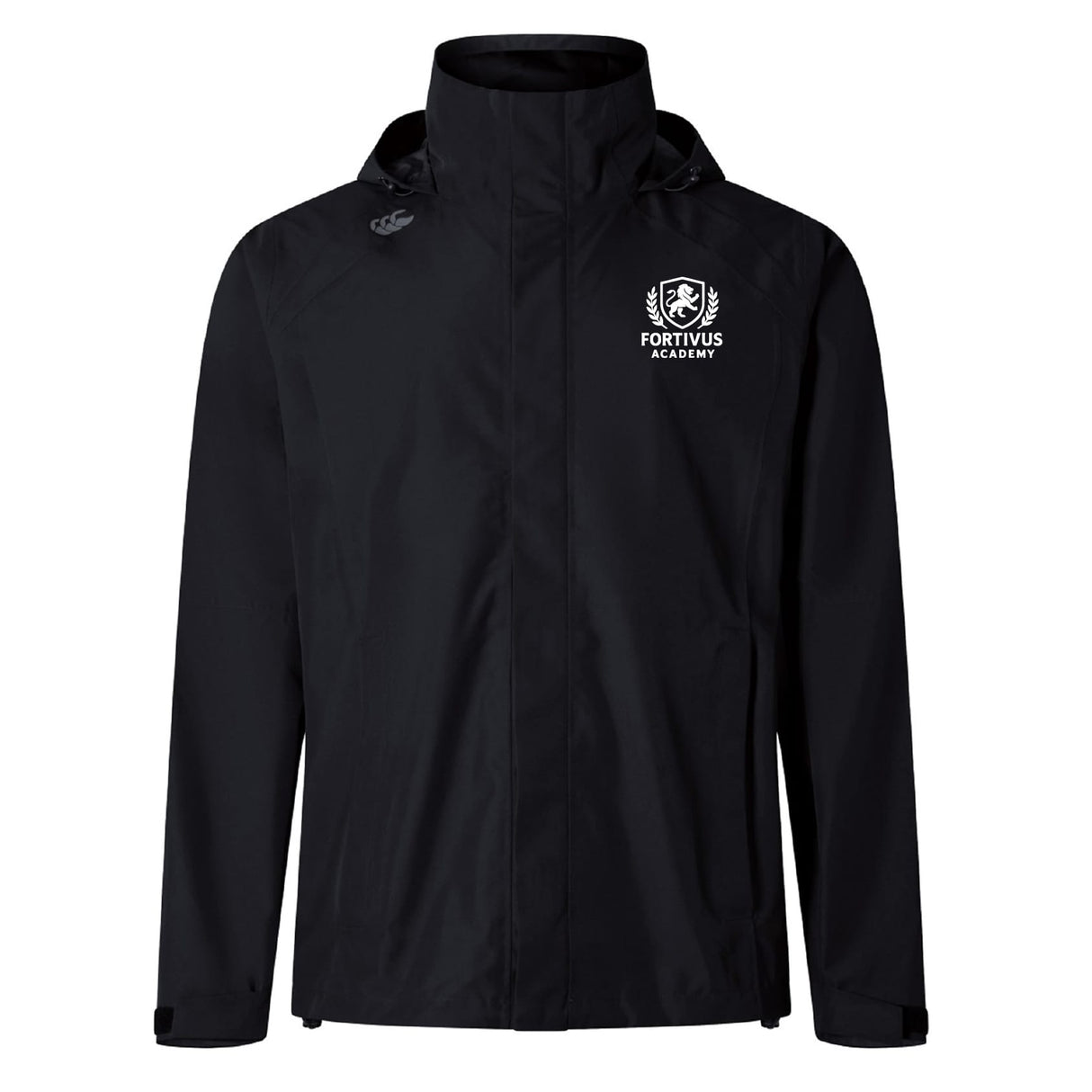 The Fortivus Academy Elite Storm Jacket by EMB Canterbury is a breathable black jacket featuring the Fortivus Academy logo in white on the left chest and a small white Canterbury logo on the right shoulder.