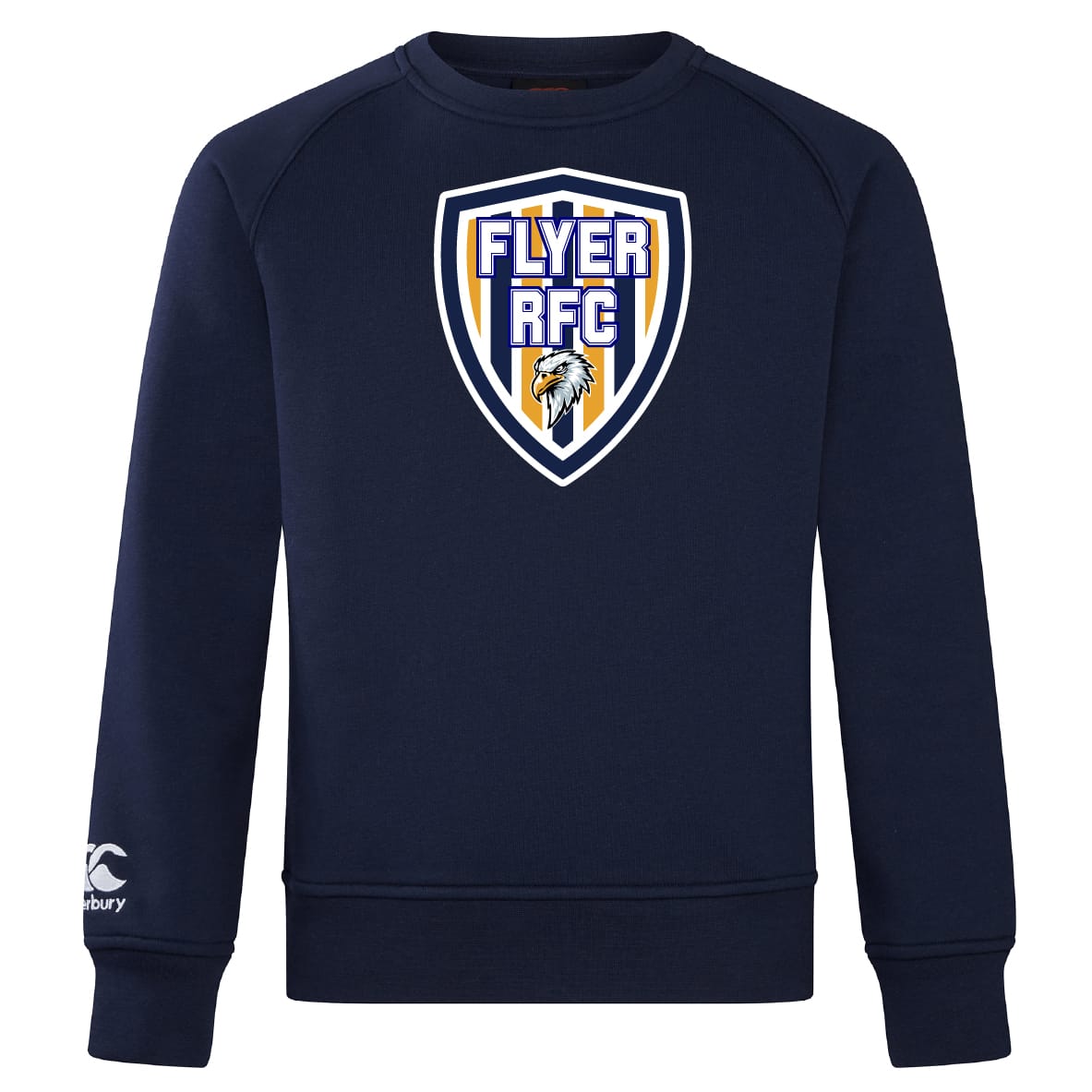 The Franklin County High School Rugby Club Crew Sweatshirt by WRS Canterbury features a large "Flyer RFC" shield with eagle on the chest and an embroidered CCC logo on the left sleeve—ultra soft for comfort and style.