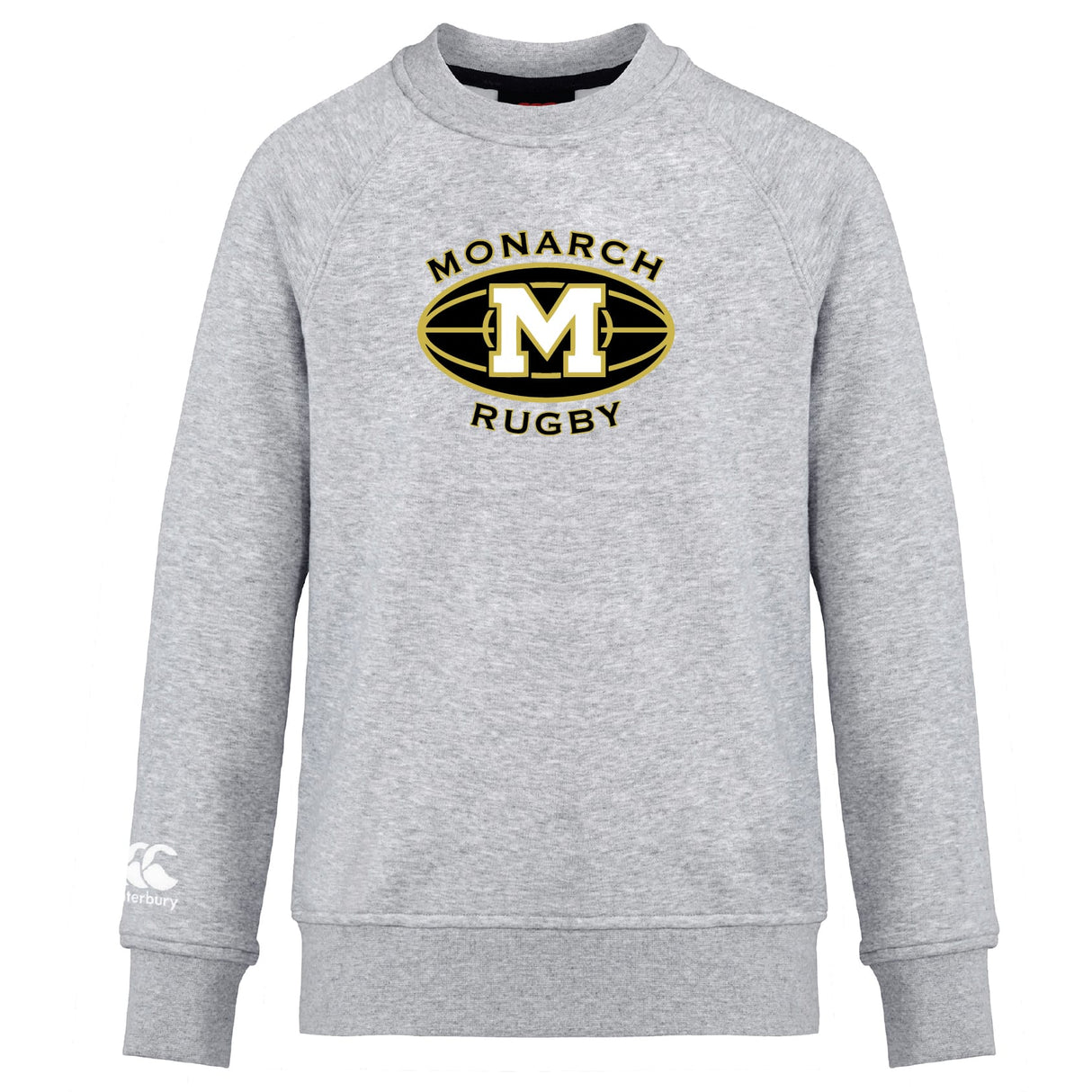 The Monarch Rugby Club Club Crew Sweatshirt by WRS Canterbury features "Monarch Rugby" text, a large black and gold "M" on the front, and an embroidered Canterbury logo on the left sleeve.
