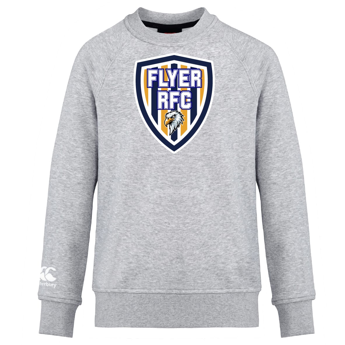 The Franklin County High School Rugby Club Crew Sweatshirt by WRS Canterbury features a large eagle crest with "FLYER RFC" on the chest, an embroidered CCC logo on the sleeve, and is made from ultra-soft fabric for maximum comfort.
