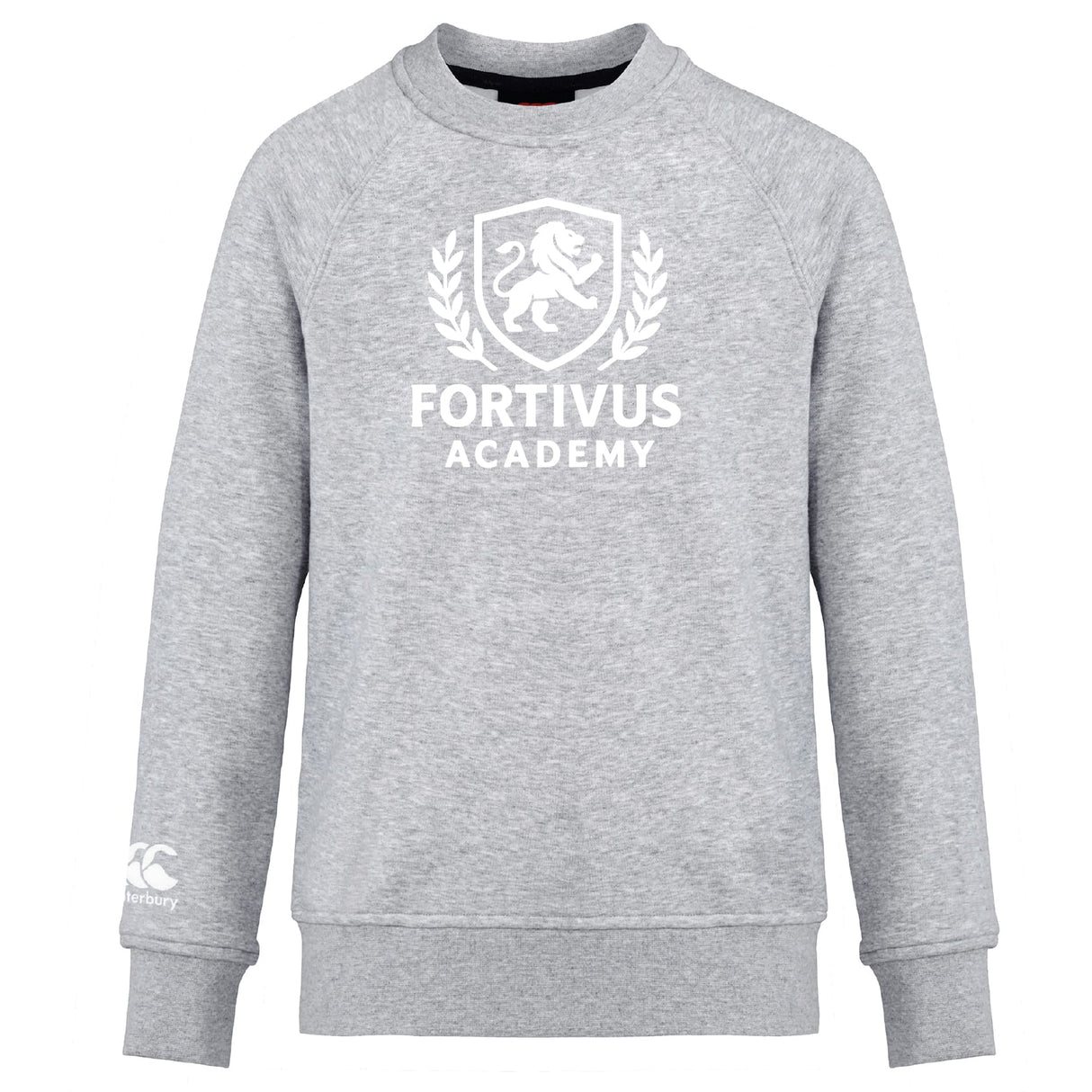 The Fortivus Academy Club Crew Sweatshirt by WRS Canterbury is an ultra-soft grey top with "FORTIVUS ACADEMY" and a white lion crest on the front, plus a small white logo on the left sleeve.