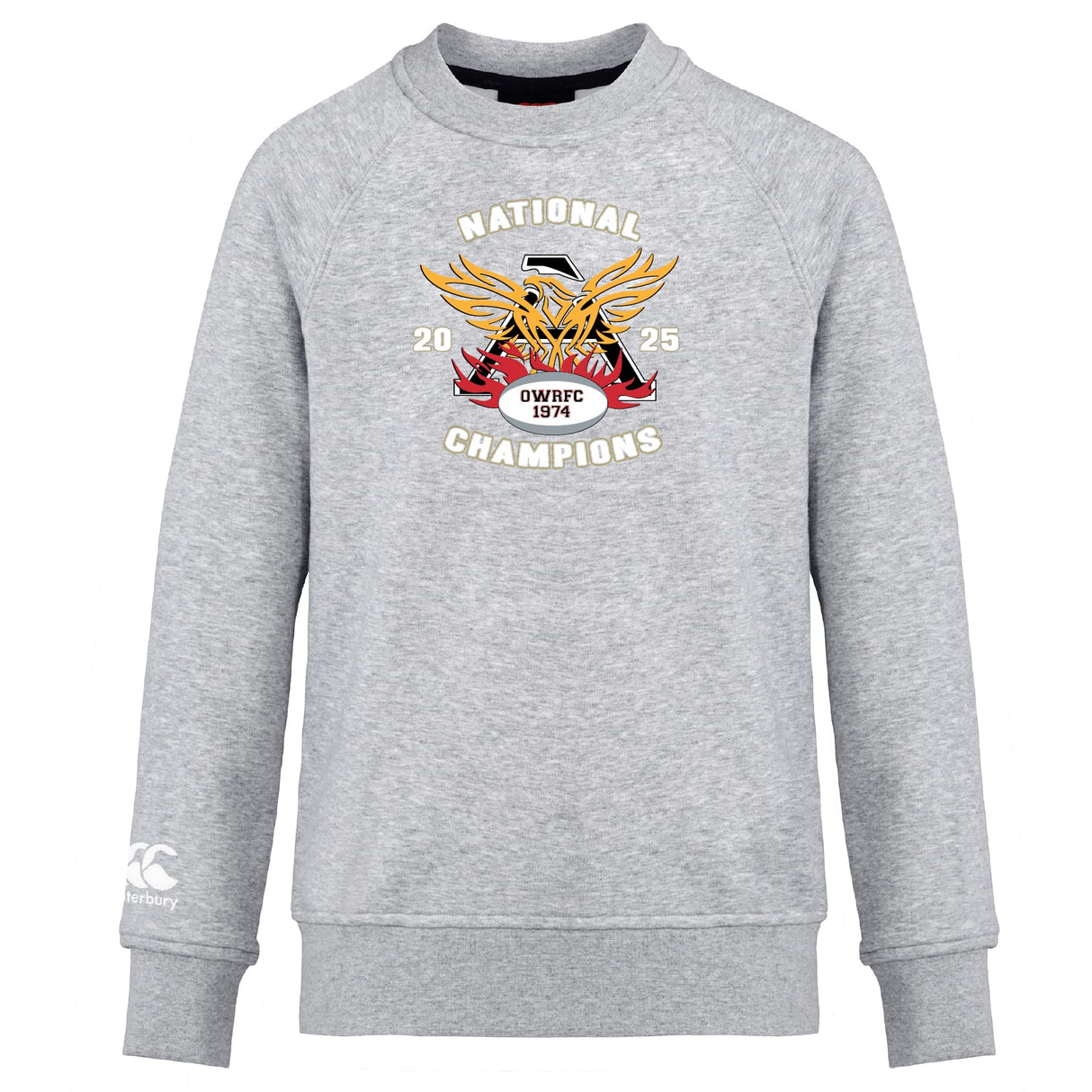 The Atlanta Old White Rugby Champs Club Crew Sweatshirt by WRS Canterbury is an ultra-soft light grey top with "NATIONAL CHAMPIONS 2025 OWRFC 1974" and a yellow, red, black emblem on the chest, plus an embroidered CCC logo on the left sleeve.
