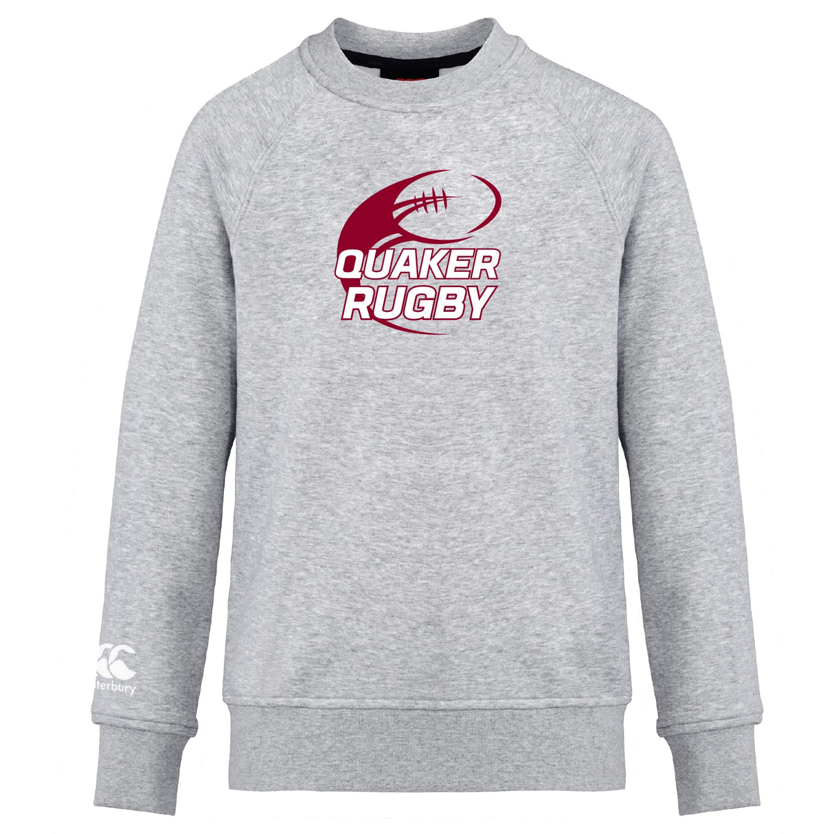 The Guilford College Club Crew Sweatshirt by Canterbury features a maroon "Quaker Rugby" logo with rugby ball graphic on gray, plus an embroidered CCC logo on the left sleeve. Ultra-soft comfort from WRS Canterbury.