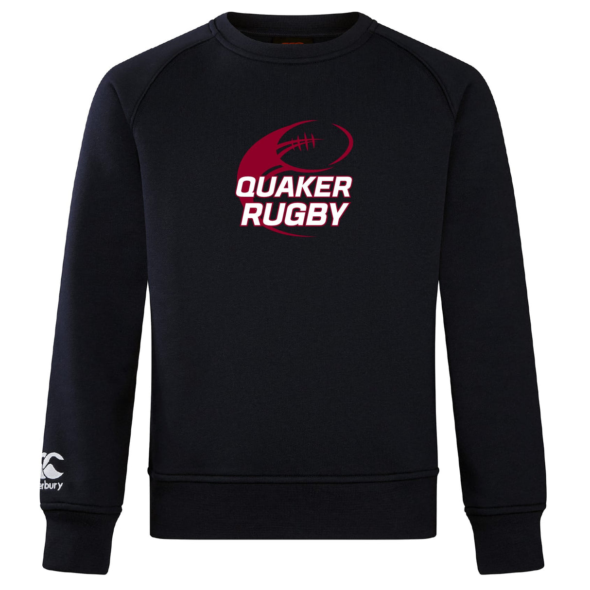 Guilford College Club Crew Sweatshirt by WRS Canterbury in black, with a maroon rugby ball and "Quaker Rugby" on the chest, ultra-soft feel, and embroidered CCC logo on the left sleeve.