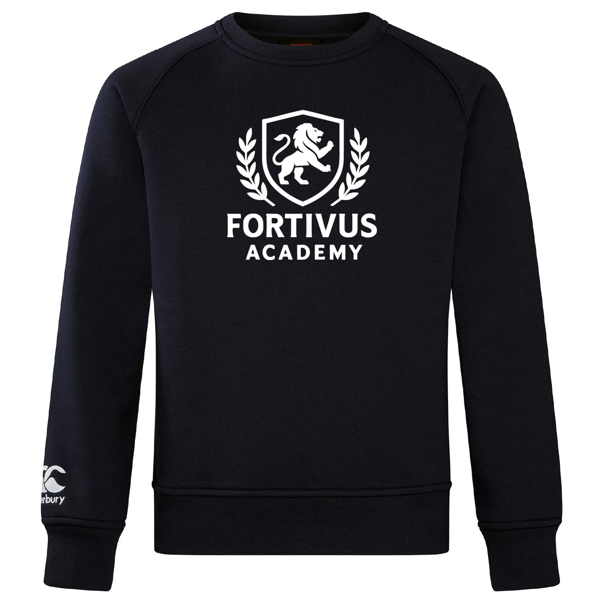 The Fortivus Academy Club Crew Sweatshirt by Canterbury, from WRS Canterbury, is a black ultra-soft top with a white "FORTIVUS ACADEMY" logo, lion crest and laurel wreath on the chest, plus an embroidered sleeve logo.