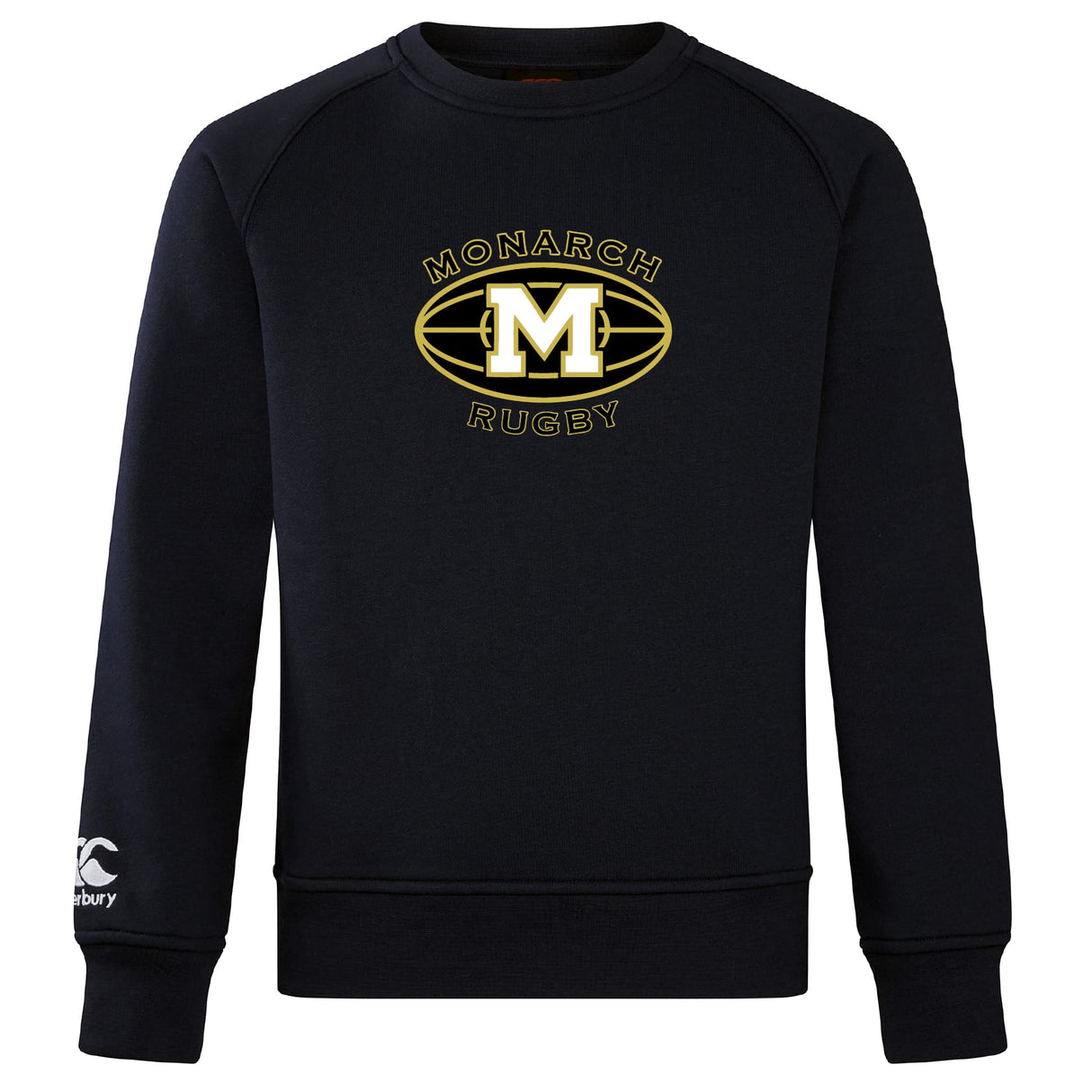 The Monarch Rugby Club Crew Sweatshirt by WRS Canterbury is a black ultra-soft top with a bold gold "M," large "Monarch Rugby" logo on the chest, and a white Canterbury logo on the left sleeve—ideal for fans of classic club crew style.