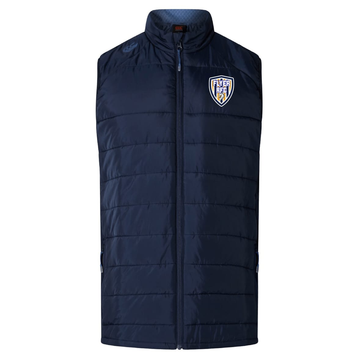 The EMB Canterbury Franklin County High School Rugby Elite Microlite Gilet is a navy blue, quilted sleeveless vest with insulated baffles, front zip, and "Flyer Ref" logo patch, inspired by the Elite Gilet design.