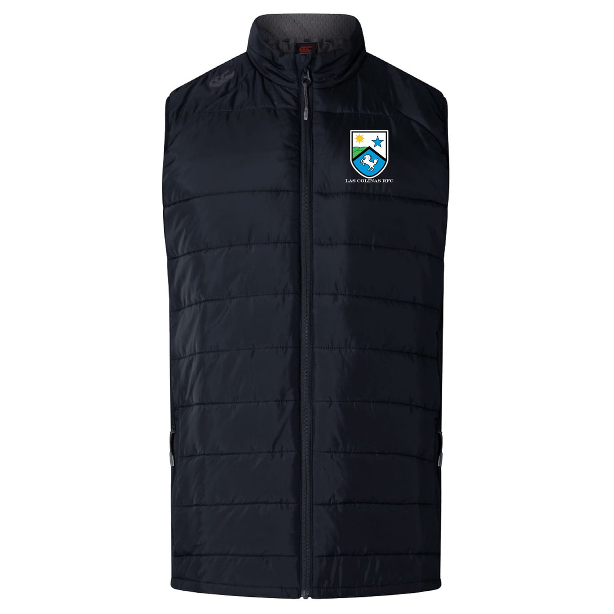 The Las Colinas Rugby Elite Microlite Gilet by EMB Canterbury features a zippered front, insulated quilted design, and a crest logo with blue shield, star, and “SAN FRANCISCO DFC” text on the left chest.