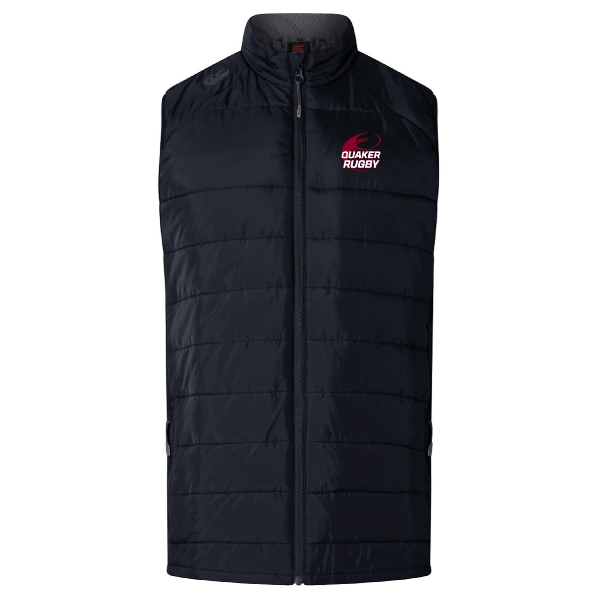 The EMB Canterbury Guilford College Elite Microlite Gilet features black quilted insulation, a high collar, front zipper, and left-chest "Quaker Rugby" branding—ideal for layering like the Canterbury Elite Gilet.