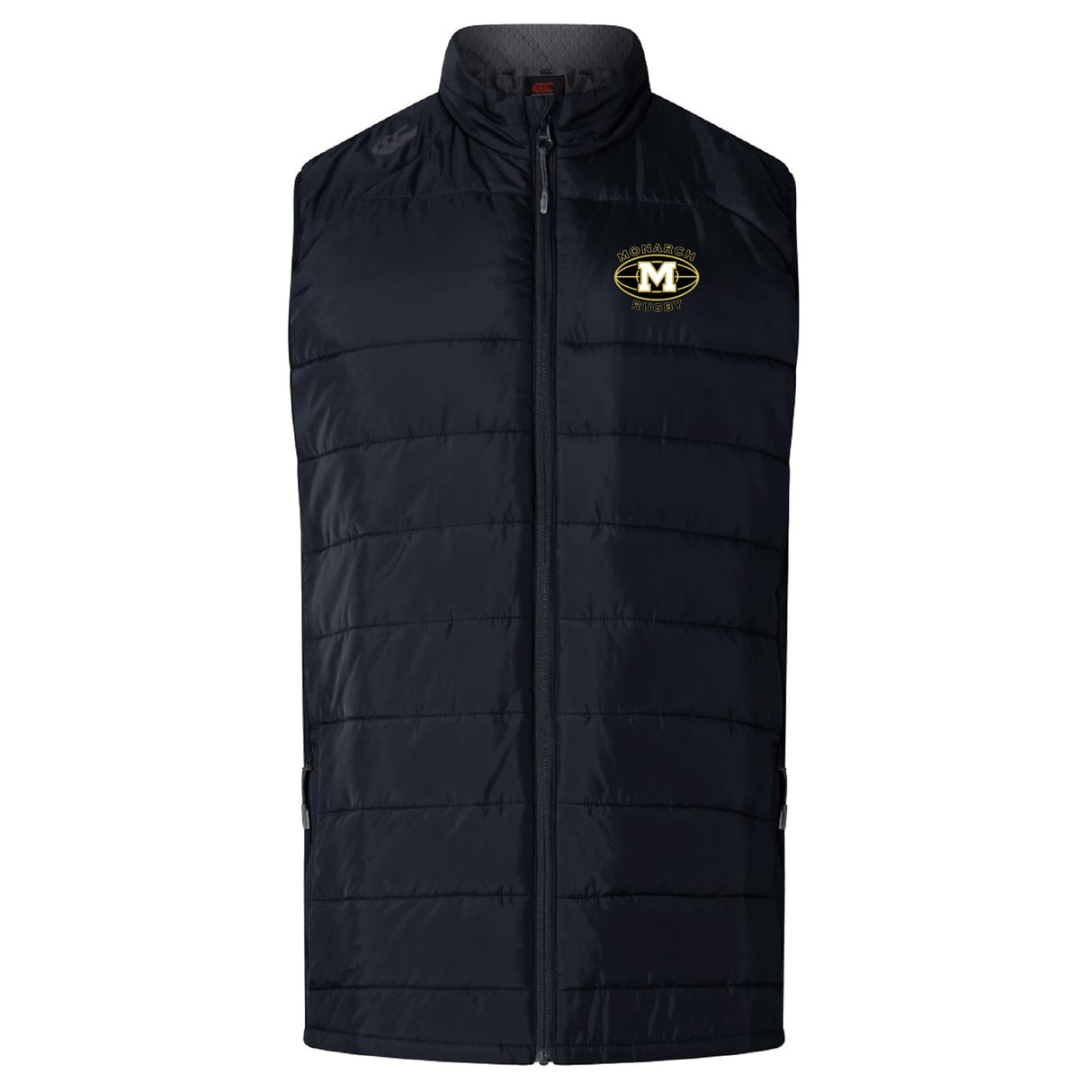 The Monarch Rugby Club Women's Elite Microlite Gilet by EMB Canterbury is a black quilted zip-up with side pockets, Thermoreg fleece insulation, and a circular yellow and black "M" logo on the left chest.