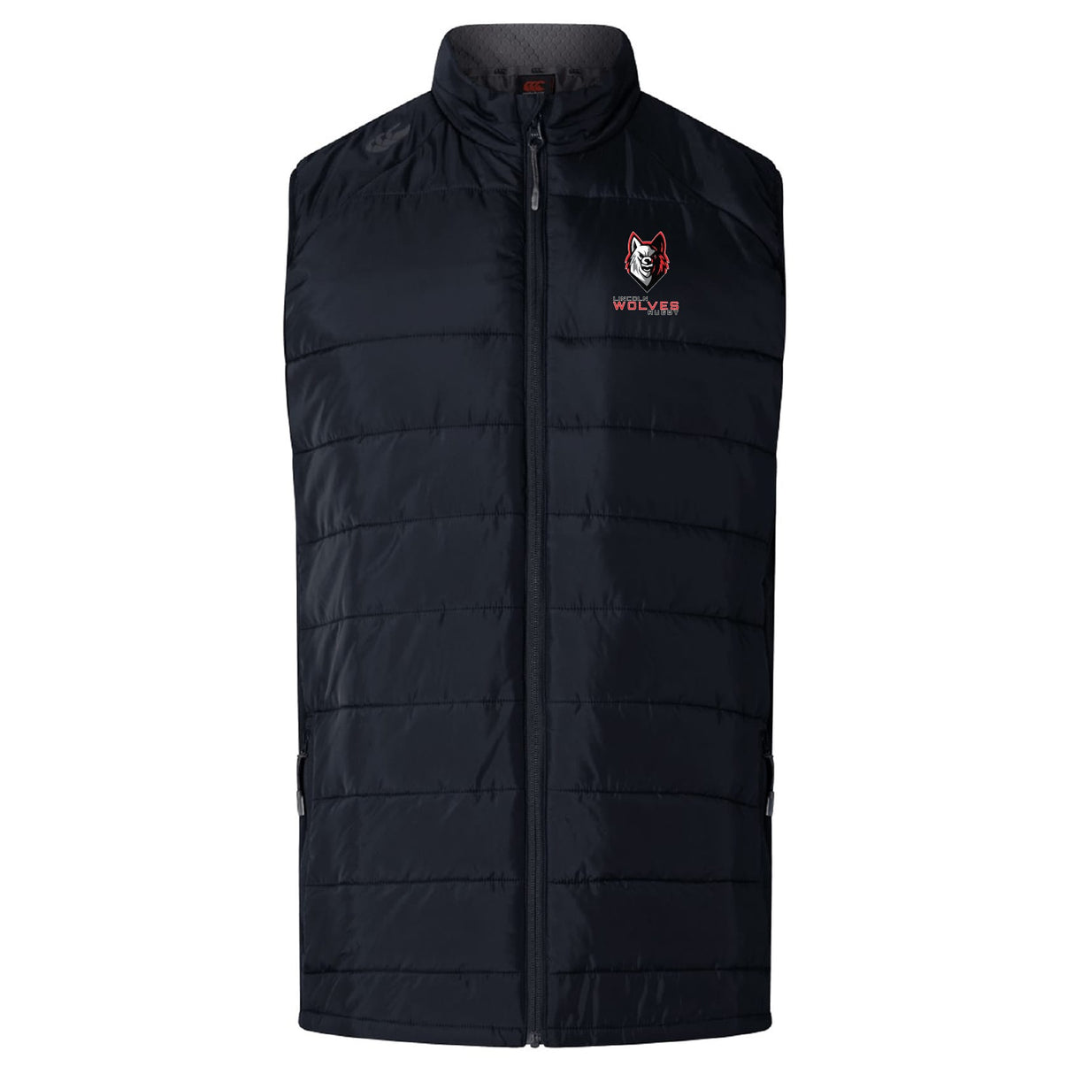 The Lincoln Wolves Women's Elite Microlite Gilet by EMB Canterbury is a black insulated vest with a front zipper, featuring an embroidered wolf mascot and "WOLVES" text on the left chest.