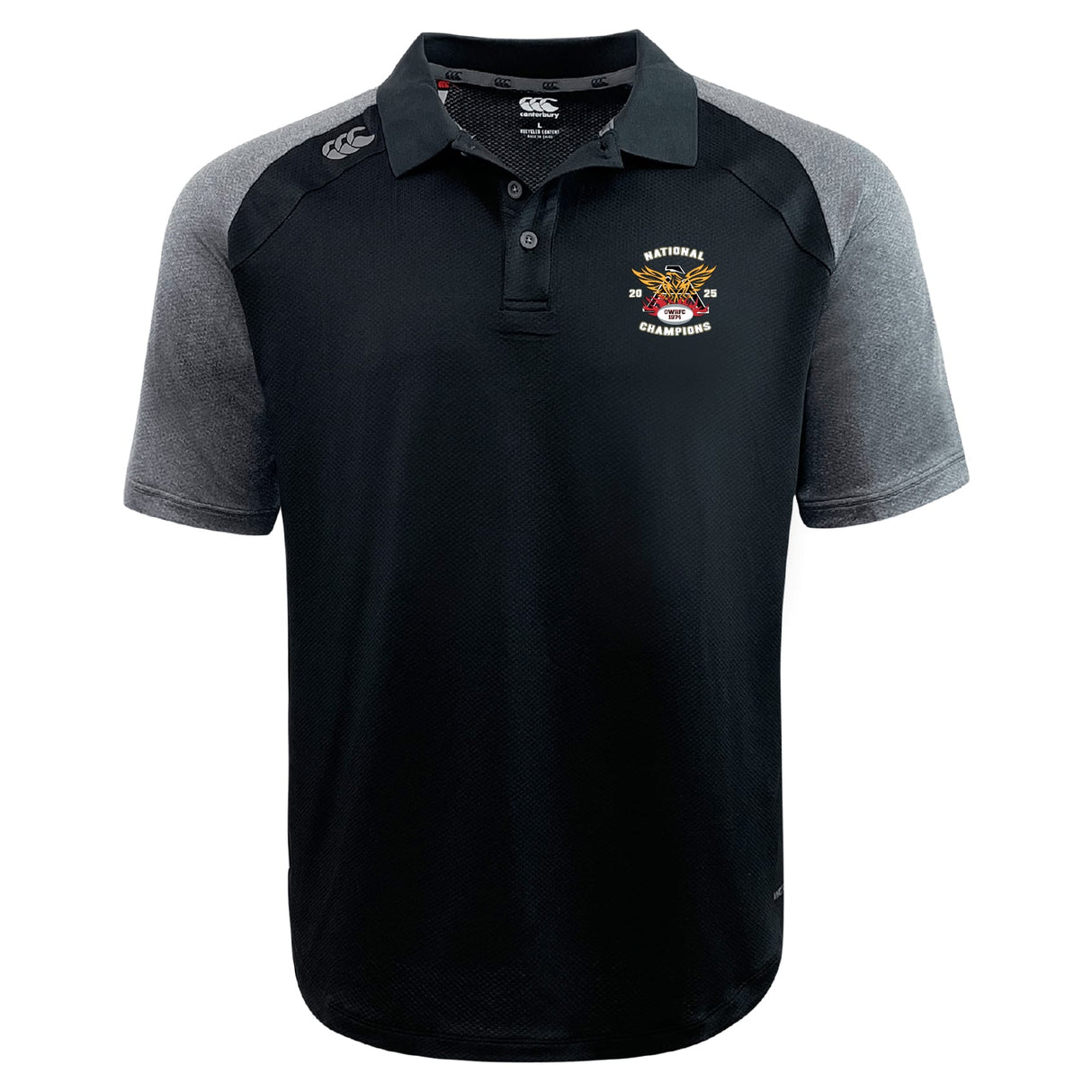 The Atlanta Old White Rugby Champs Elite Polo by EMB Canterbury features black and gray Vapodri fabric, a collar, button placket, and an embroidered "National Champions 2018-2019" logo on the left chest to keep you cool and comfortable.
