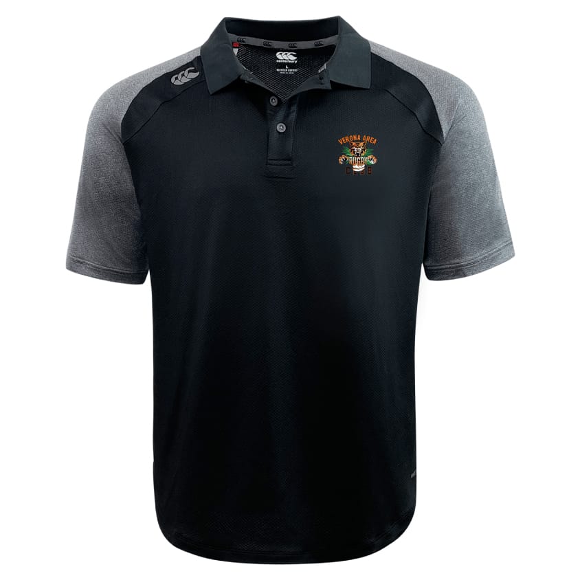 The Verona Area Rugby Elite Polo by EMB Canterbury is a black and gray short-sleeve shirt featuring an embroidered chest logo and collar. Made with lightweight, durable Vapodri fabrics, it ensures comfort while keeping you stylish.