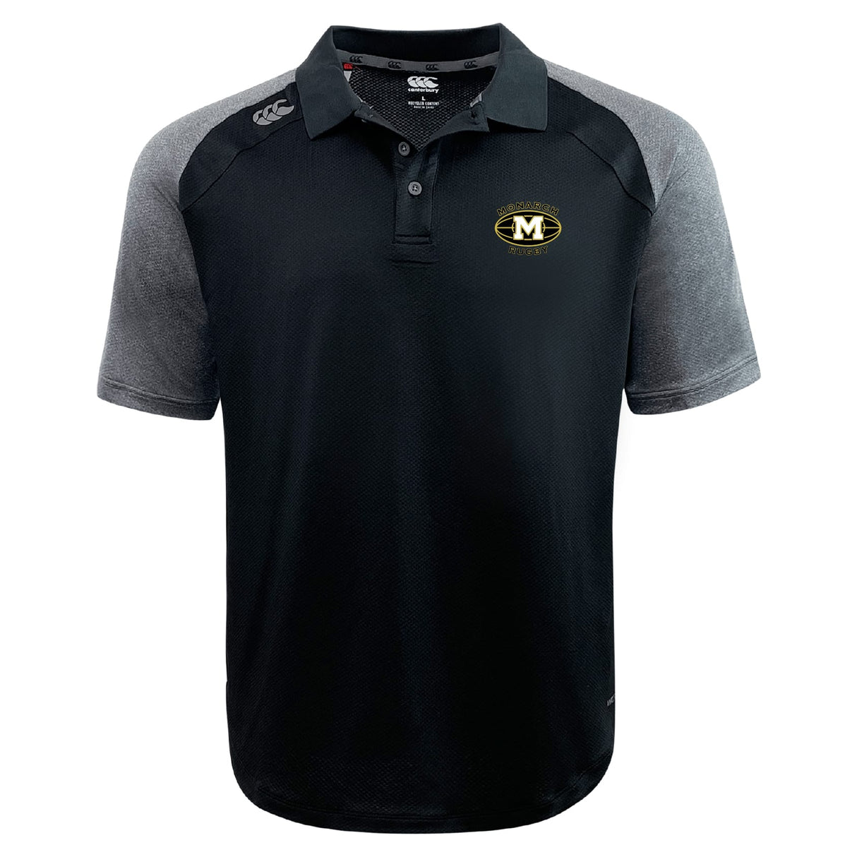 The Monarch Rugby Club Elite Polo by EMB Canterbury is a short-sleeve black and gray shirt with a "M" logo and “MUDDOGS” on the left chest, made from lightweight Vapodri fabric, plus the Canterbury logo on the right shoulder.