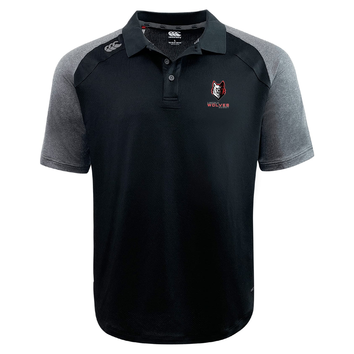 The Lincoln Wolves Elite Polo by EMB Canterbury features black and gray colors, a wolf logo with "WOLVES" on the left chest, a white Canterbury logo on the right shoulder, and lightweight Vapodri fabric for comfort and performance.