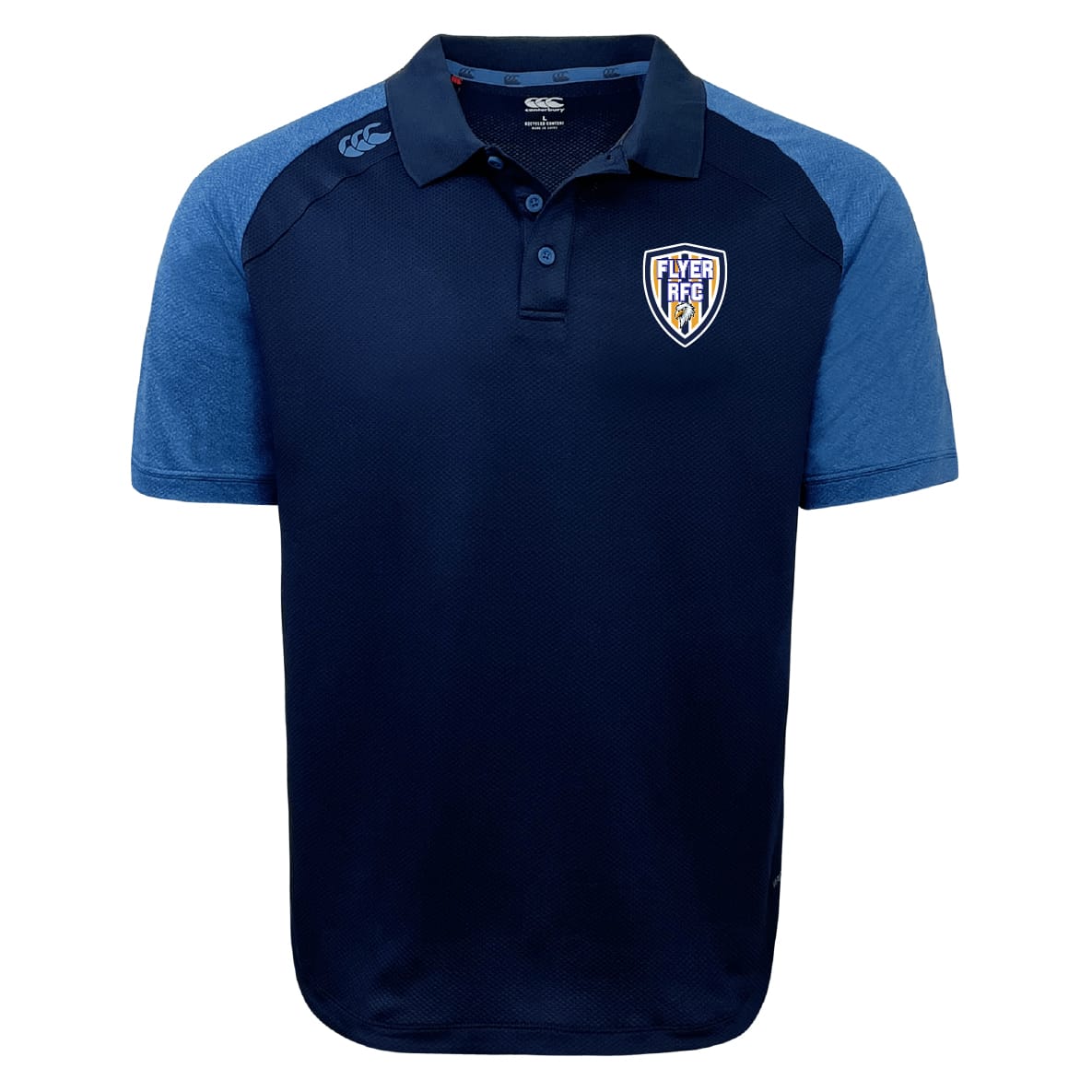 The Franklin County High School Rugby Elite Polo by EMB Canterbury features navy with light blue sleeves, a buttoned collar, "FLYER RFC" badge on the chest, and right shoulder logo. Made with Vapodri fabric for all-day lightweight comfort.
