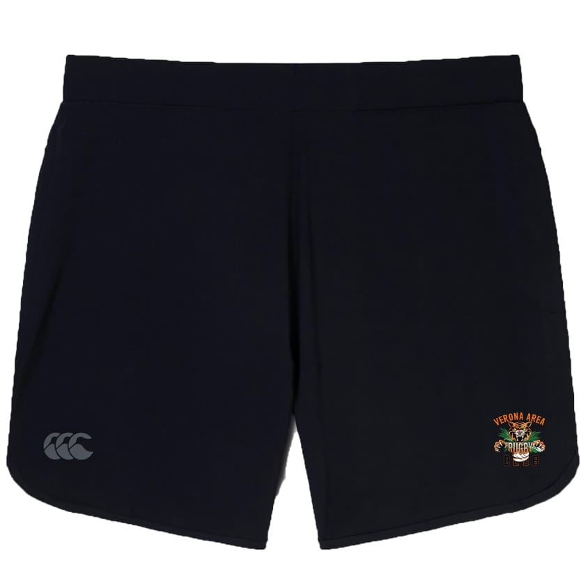 The black Verona Area Rugby Elite Woven Shorts by EMB Canterbury showcase a roaring tiger logo and the text "VERONA AREA" on the right leg.