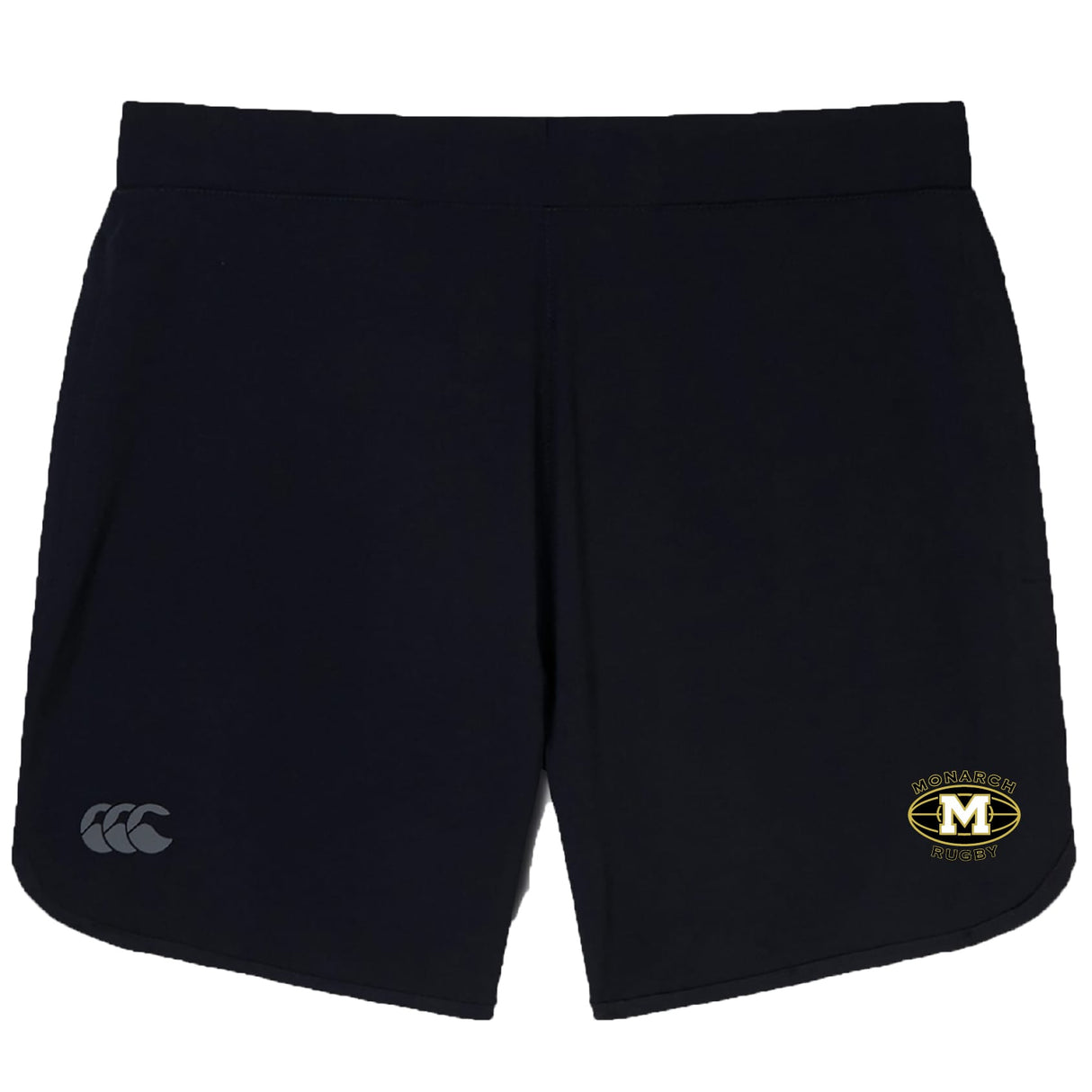 The Monarch Rugby Club Elite Woven Short by EMB Canterbury features a small white Canterbury logo on the left leg and a yellow and black "Monarch Rugby" crest on the right leg—ideal for active training sessions.