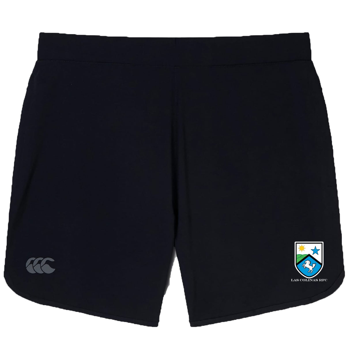 The Las Colinas Rugby Elite Woven Short by EMB Canterbury features black fabric, the Canterbury logo on the left leg, a blue and white club crest on the right, and zippered pockets for secure storage.