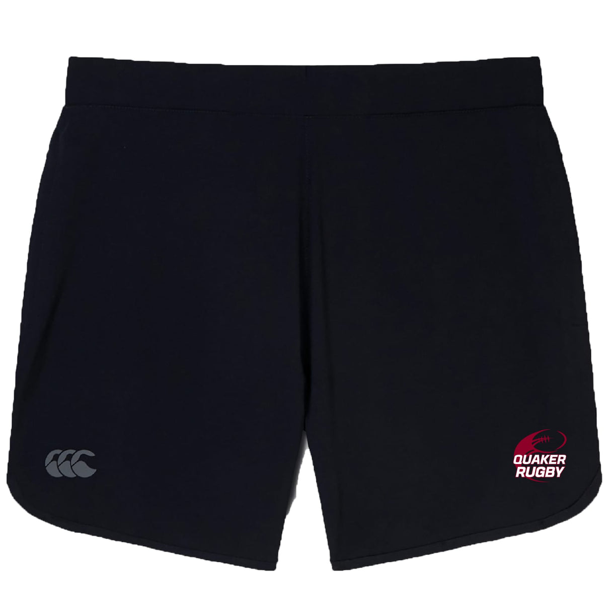 The Guilford College Elite Woven Short by EMB Canterbury features zippered pockets, the Canterbury logo on the left leg, and the Quaker Rugby logo on the right—ideal for training sessions.