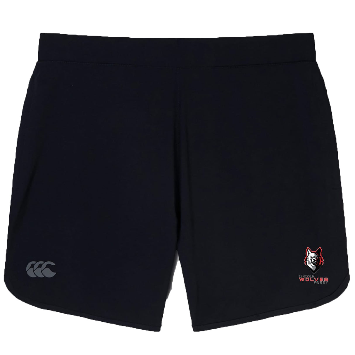 The Lincoln Wolves Women's Elite Woven Short by EMB Canterbury features a small wolf and "WOLVES" on the right leg, plus a grey "CCC" logo on the left—ideal for workouts or daily wear.