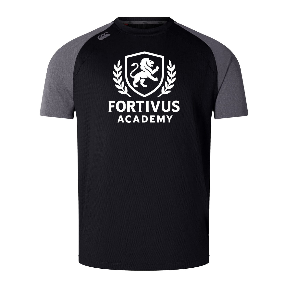 The Fortivus Academy Elite Training Tee by WRS Canterbury features black and gray Vapodri fabric, a white lion crest, and "Fortivus Academy" text—lightweight and durable for any workout.