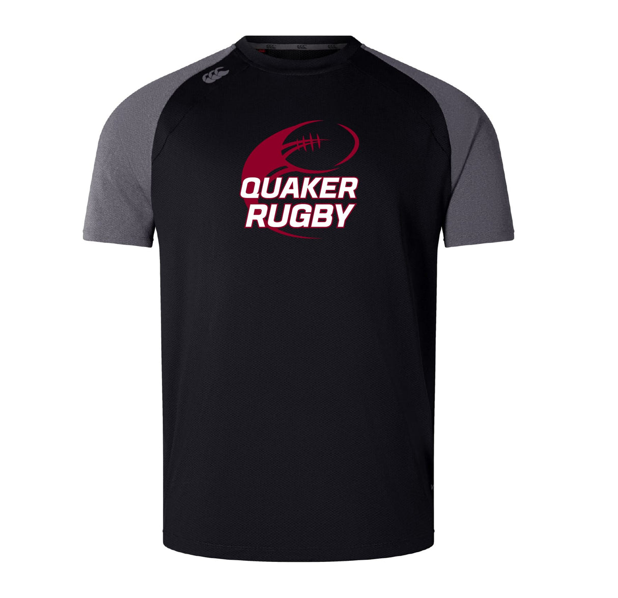 The Guilford College Elite Training Tee by WRS Canterbury is a black and gray short-sleeve tee with "QUAKER RUGBY" and a rugby ball logo, made with Vapodri fabric for lightweight durability—ideal for athletic performance.