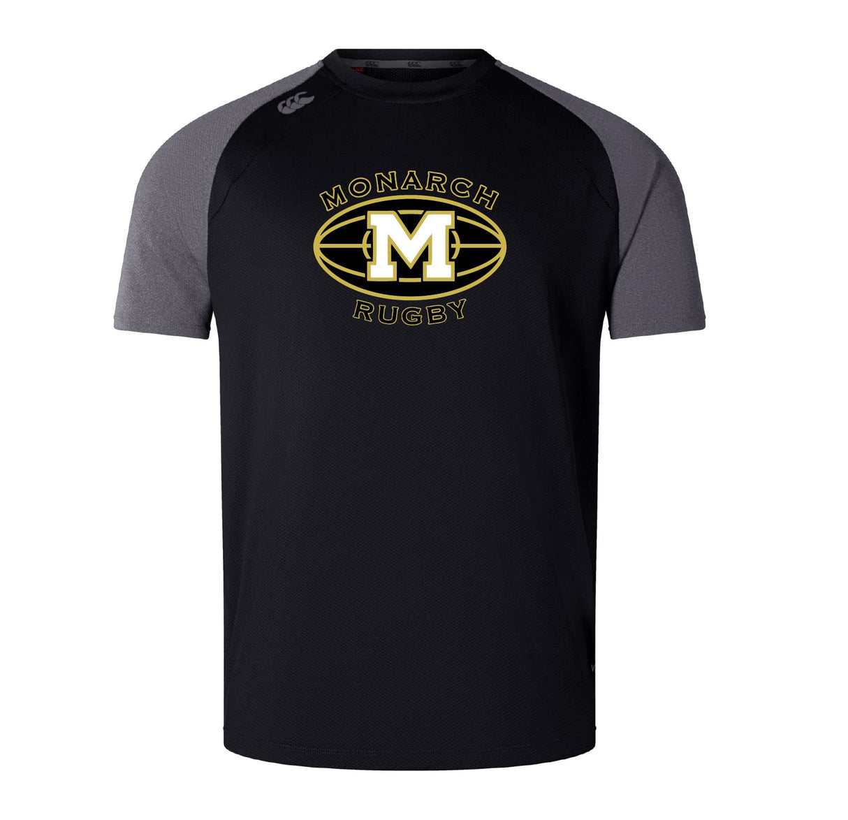 The Monarch Rugby Club Elite Training Tee by WRS Canterbury features black and gray short sleeves, "Monarch Rugby," and a large "M" logo on the chest. Crafted from lightweight, durable fabric for ultimate comfort.