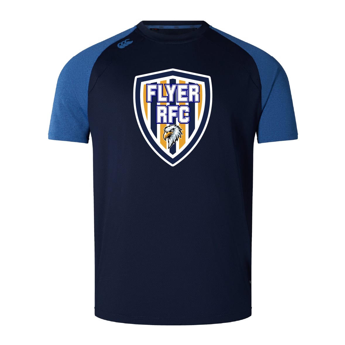 The Franklin County High School Rugby Elite Training Tee by WRS Canterbury features a navy body, blue sleeves, and a bold shield logo with eagle head. Made from Vapodri fabric, it's lightweight and durable for active performance.