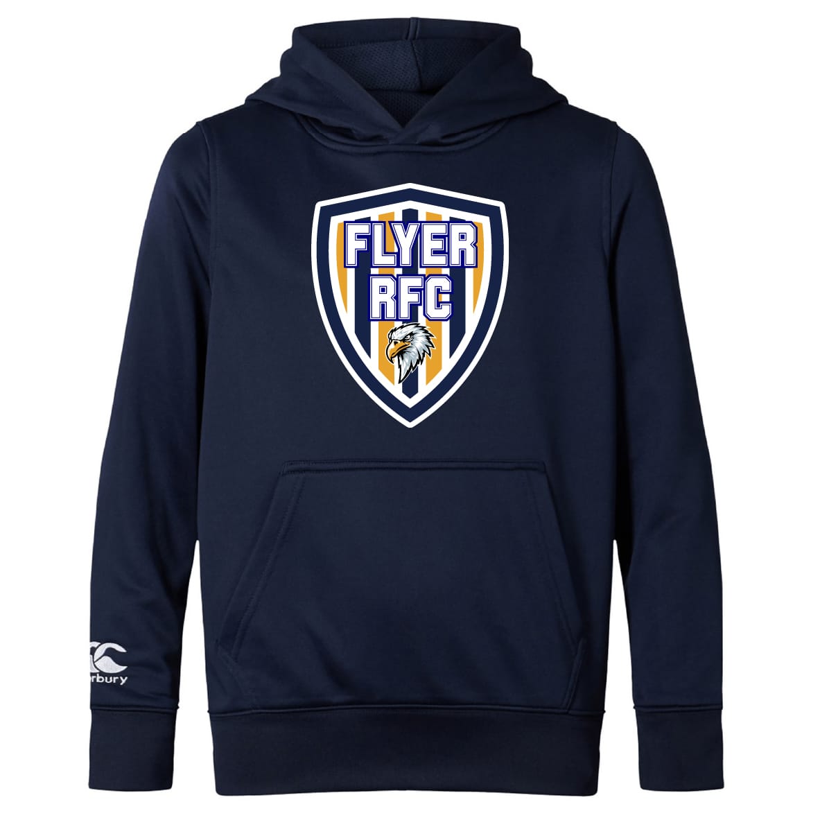 The Franklin County High School Rugby Club Lightweight Hoodie by WRS Canterbury features a large "Flyer RFC" eagle front logo, a small Canterbury sleeve logo, and a classic kangaroo pocket.