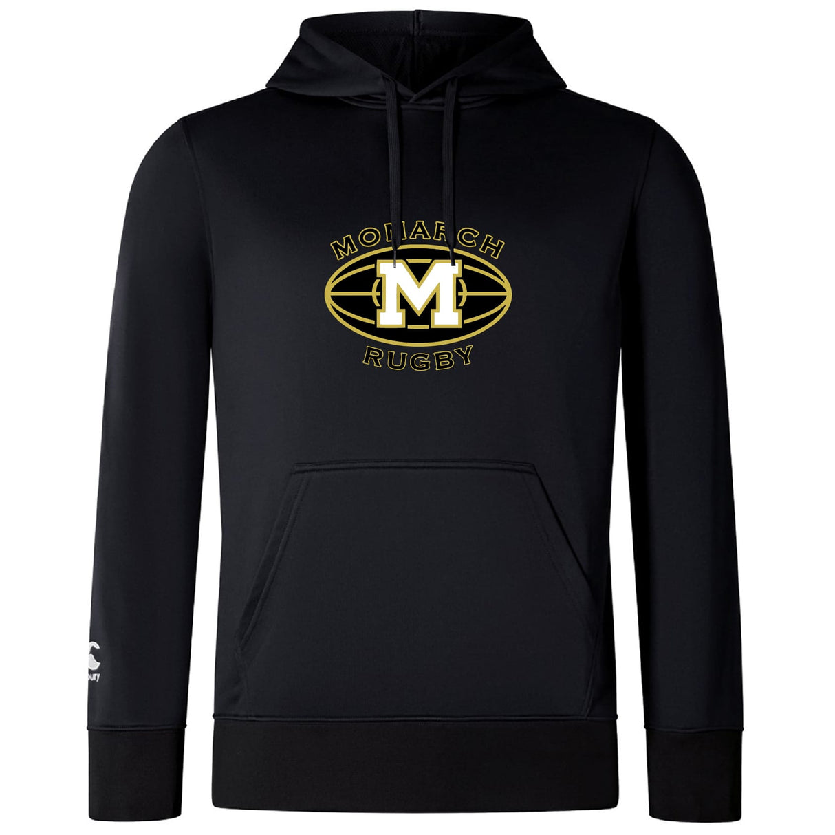 The Monarch Rugby Club Lightweight Hoodie by WRS Canterbury is a black hoodie with a front pocket, featuring a custom oval "M" chest logo and a small Canterbury Club logo on the left sleeve.