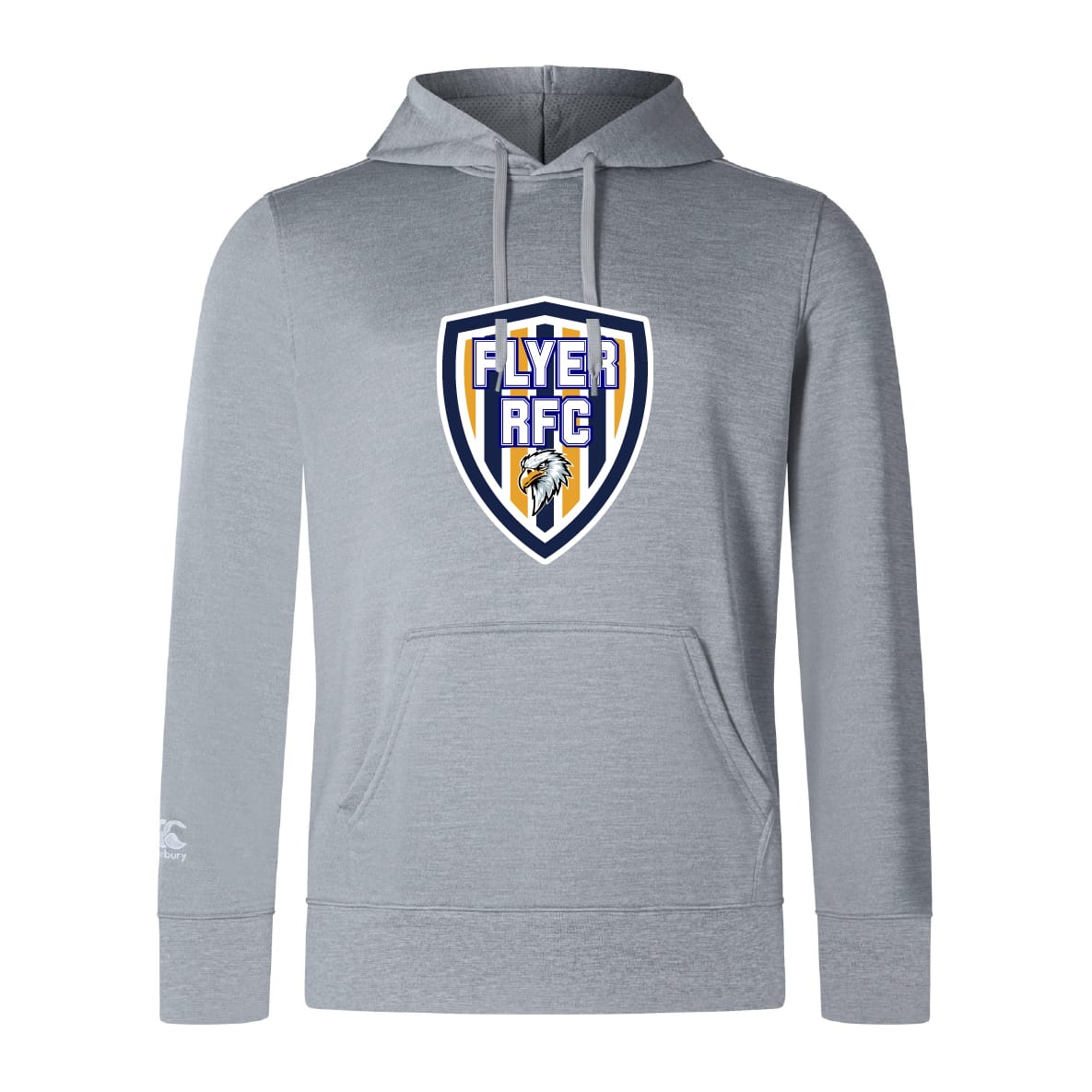Lightweight light gray Franklin County High School Rugby Club hoodie by WRS Canterbury, featuring a large shield logo with a lion on the chest and a comfy kangaroo pocket.