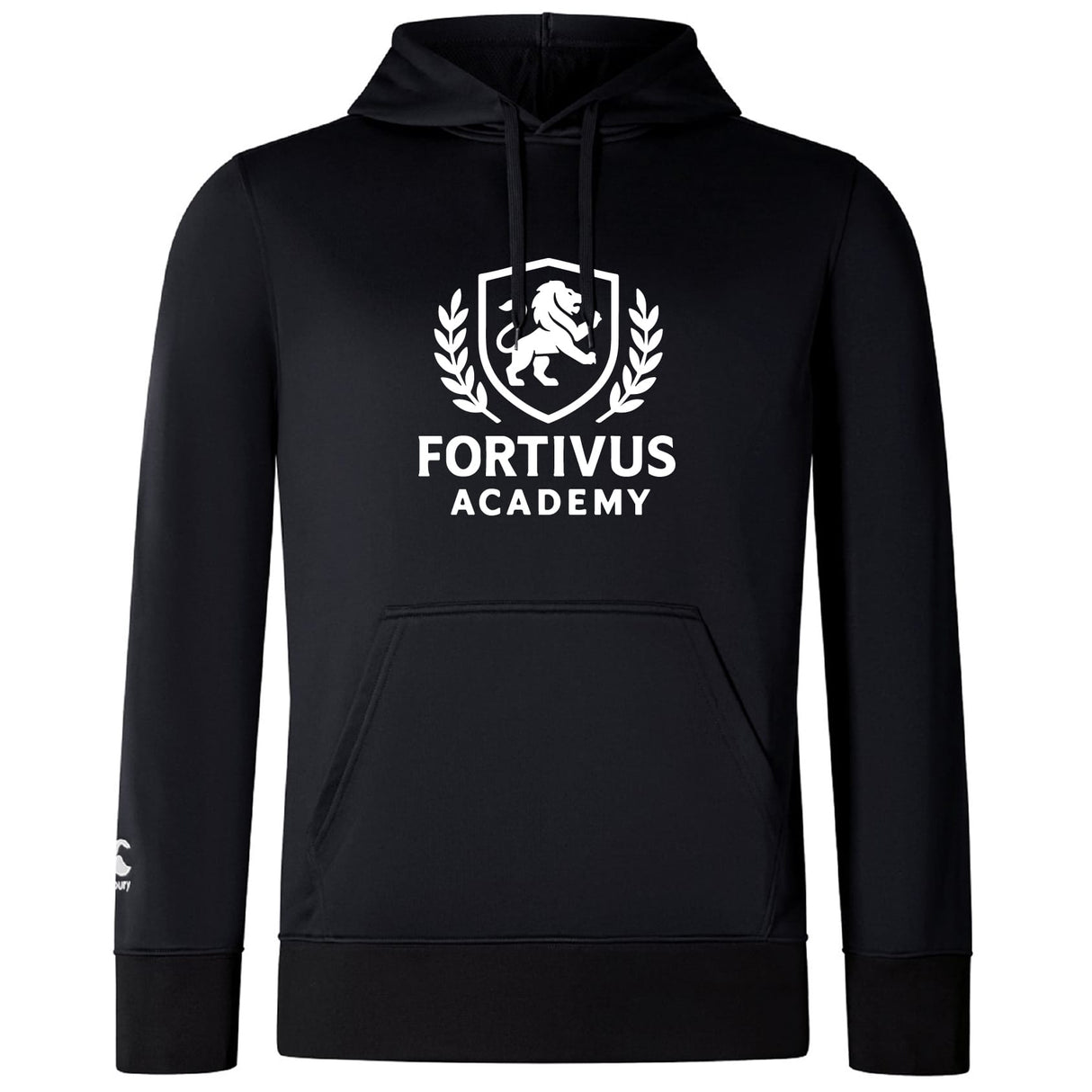 The Fortivus Academy Club Lightweight Hoodie by Canterbury (WRS Canterbury) features a black design with "Fortivus Academy" and a white lion crest logo on the front, plus a kangaroo pocket and drawstring hood.