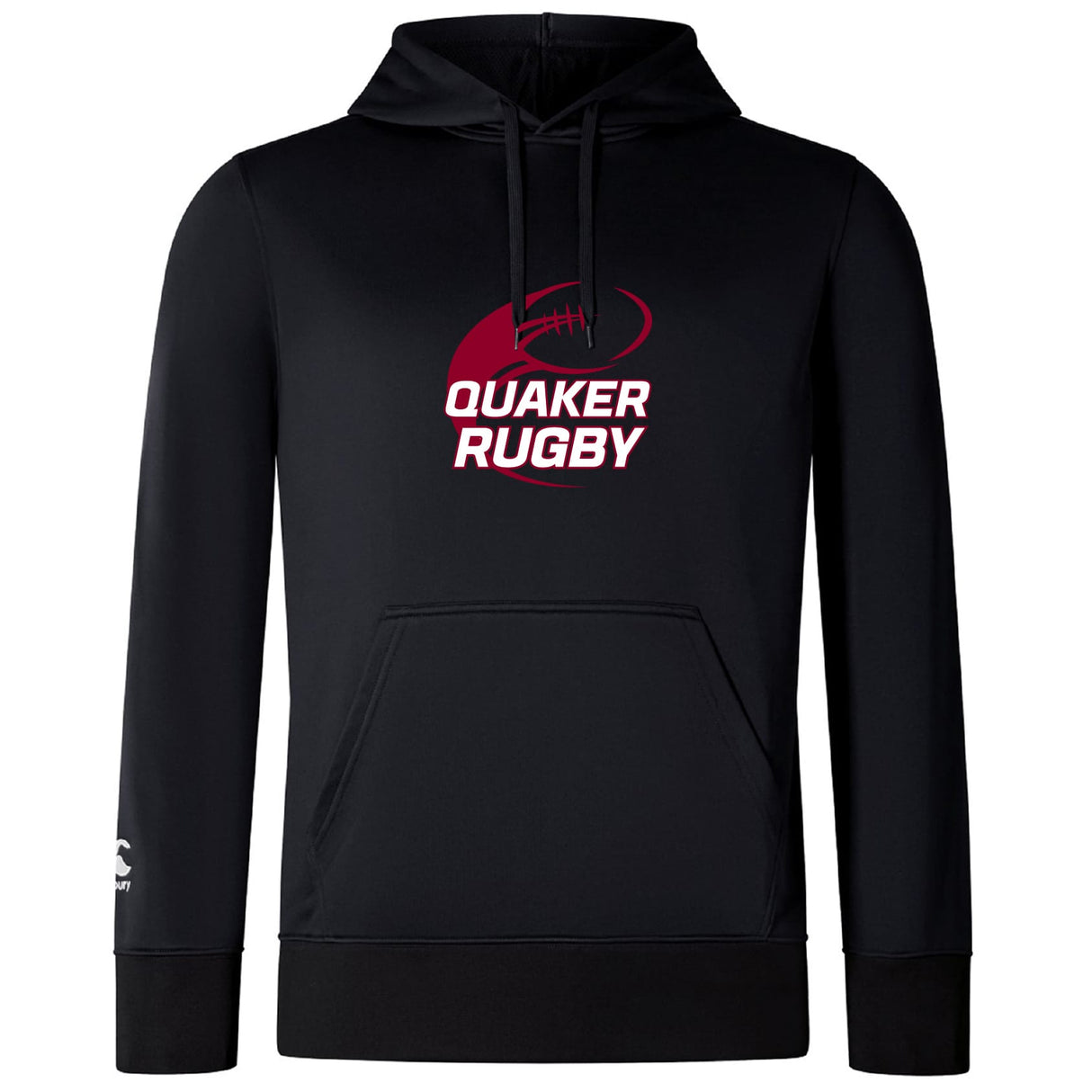 The Guilford College Club Lightweight Hoodie by WRS Canterbury is a black hoodie with a kangaroo pocket, featuring a maroon rugby ball graphic and "QUAKER RUGBY" text on the chest. Made to order for comfort and style.