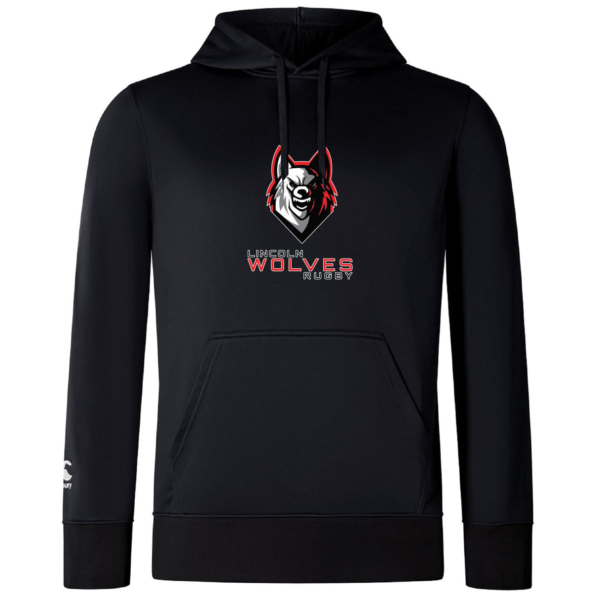 The Lincoln Wolves Club Lightweight Hoodie by Canterbury from WRS Canterbury features a stylized wolf head logo and "Lincoln Wolves Rugby" in red and white on the chest, with a kangaroo pocket, inspired by the classic Canterbury Club hoodie design.
