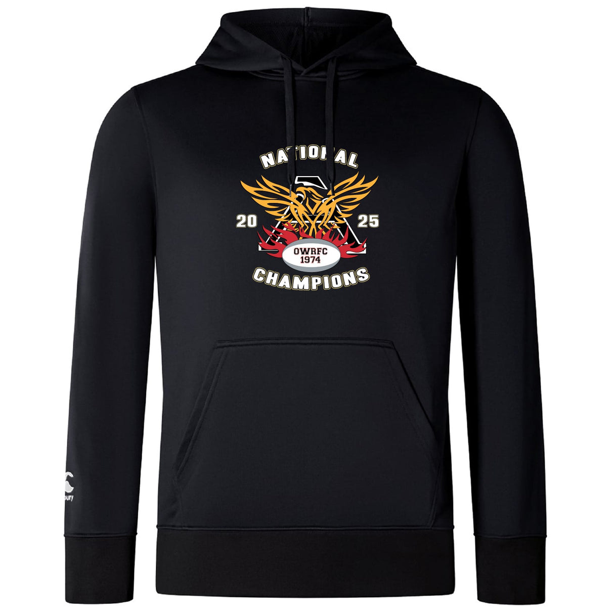 The Atlanta Old White Rugby Champs Club Lightweight Hoodie by WRS Canterbury features a colorful "National Champions 2025" and "OWRFC 1974" emblem with a stylized eagle, rugby ball, and convenient kangaroo pocket.