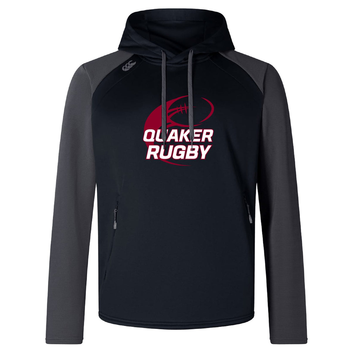The Guilford College Elite Training Hoody by WRS Canterbury features "Quaker Rugby" and a rugby ball graphic in red and white on the front—making it a top-quality sportswear choice for any fan.