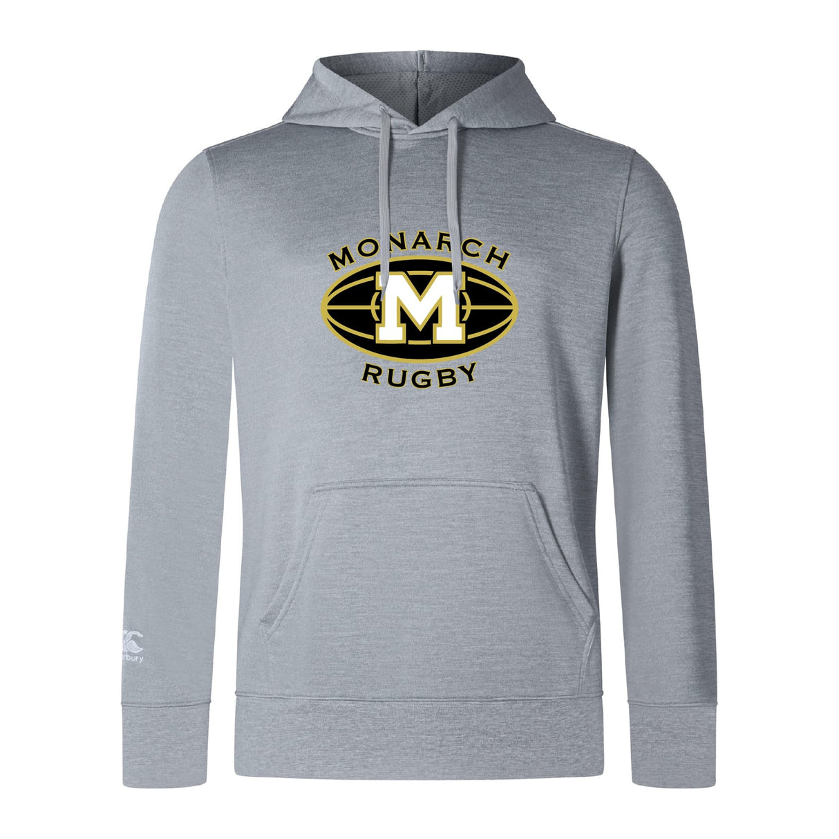 The Monarch Rugby Club Club Lightweight Hoodie by WRS Canterbury is a light gray hoodie with a kangaroo pocket, black and gold "Monarch Rugby" logo, and a large "M" on the chest in Canterbury Club style.