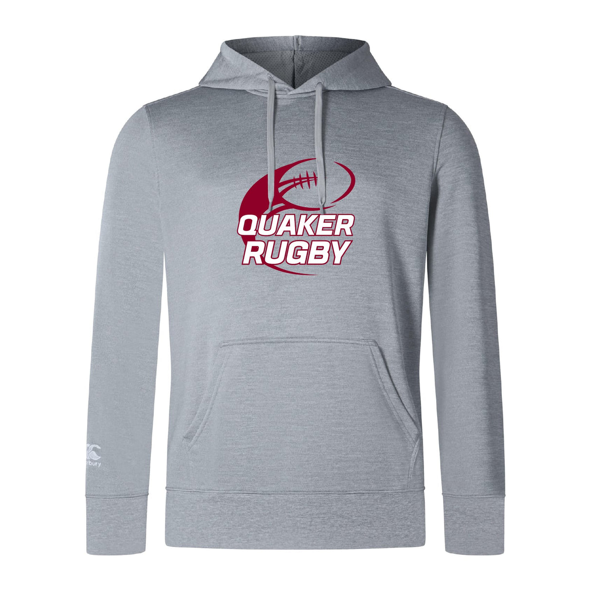 The Guilford College Club Lightweight Hoodie by WRS Canterbury features a light gray design with a front pocket, drawstrings, maroon rugby ball graphic, and "QUAKER RUGBY" on the chest. Made to order for comfort and style.