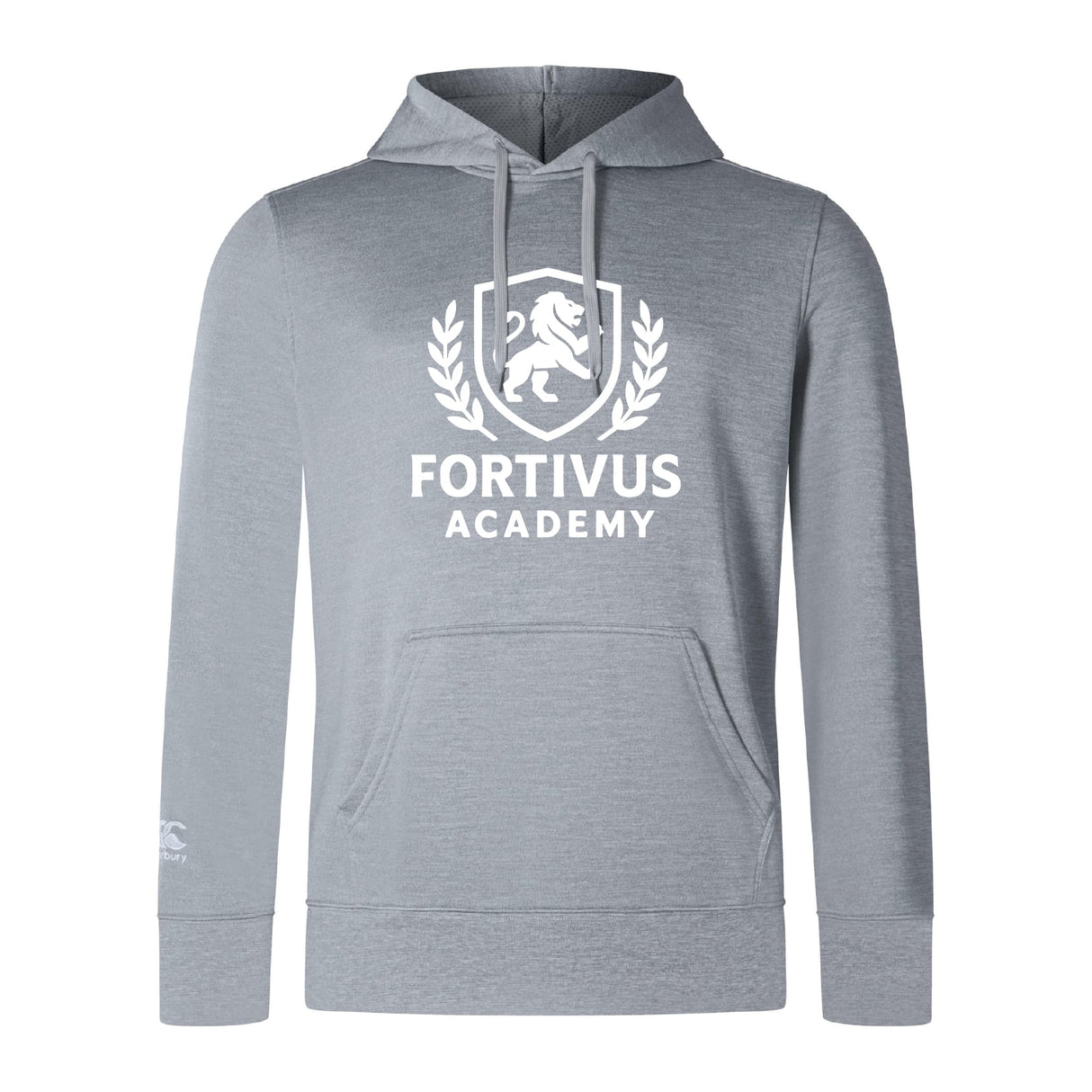 The Fortivus Academy Club Lightweight Hoodie by WRS Canterbury features the "FORTIVUS ACADEMY" logo with a lion, shield, and laurel wreath on the front, plus a classic kangaroo pocket for convenience.