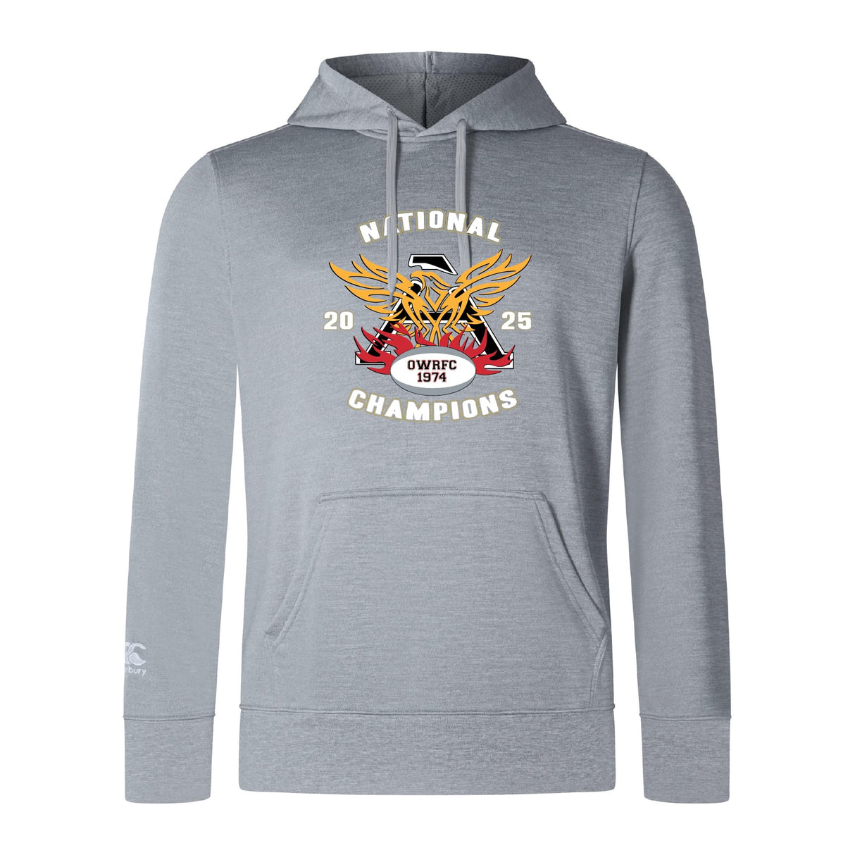 The Atlanta Old White Rugby Champs Club Lightweight Hoodie by WRS Canterbury features a "National Champions 2025" emblem with crossed rugby balls, a shield, "OWRFC 1974" on the chest, and a kangaroo pocket for convenience.
