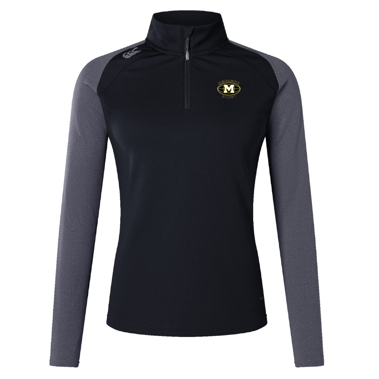 The Monarch Rugby Club Women's Elite First Layer by EMB Canterbury is a black and gray long-sleeve pullover with VapoDri tech, a quarter-zip collar, and an embroidered "M" logo—ideal as a women's elite first layer.