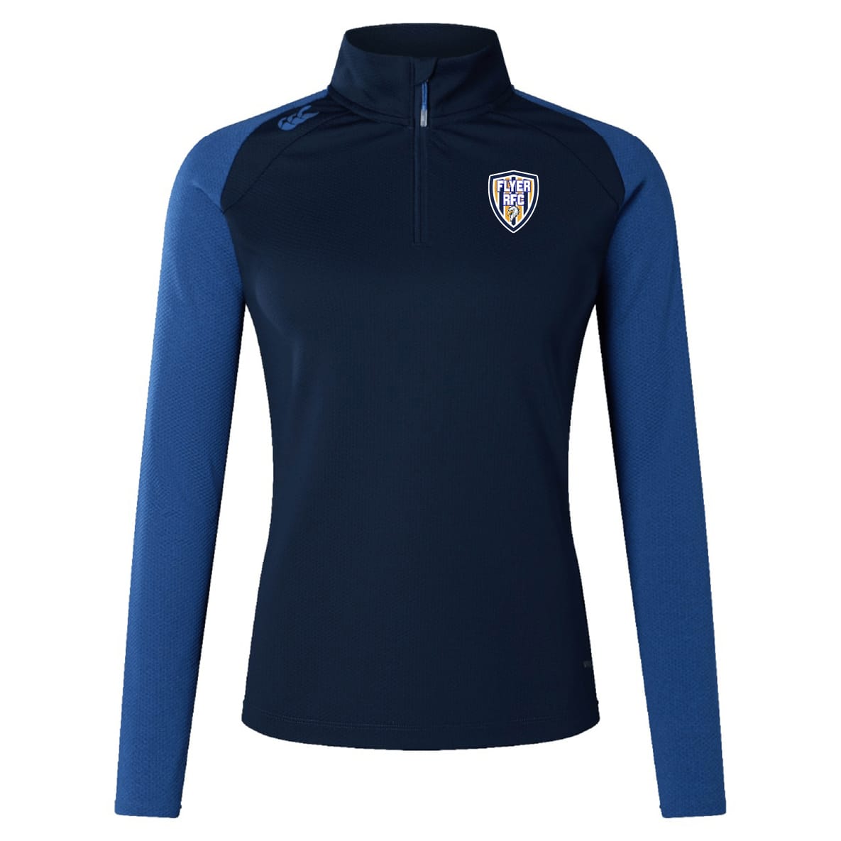 The Franklin County High School Rugby Women's Elite First Layer by EMB Canterbury features a navy and blue design, quarter-zip front, "Fever RFL" crest, and VapoDri tech for top moisture wicking—your ultimate athletic top.