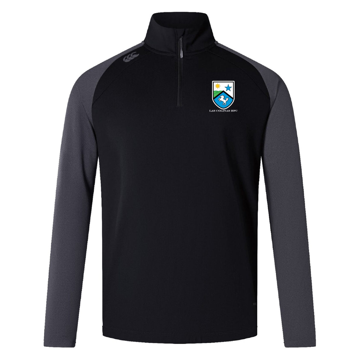 The EMB Canterbury Las Colinas Rugby Elite First Layer is a black and gray quarter-zip pullover with a crest logo on the left chest, brand logo on the right shoulder, and VapoDri tech—perfect for rugby training.