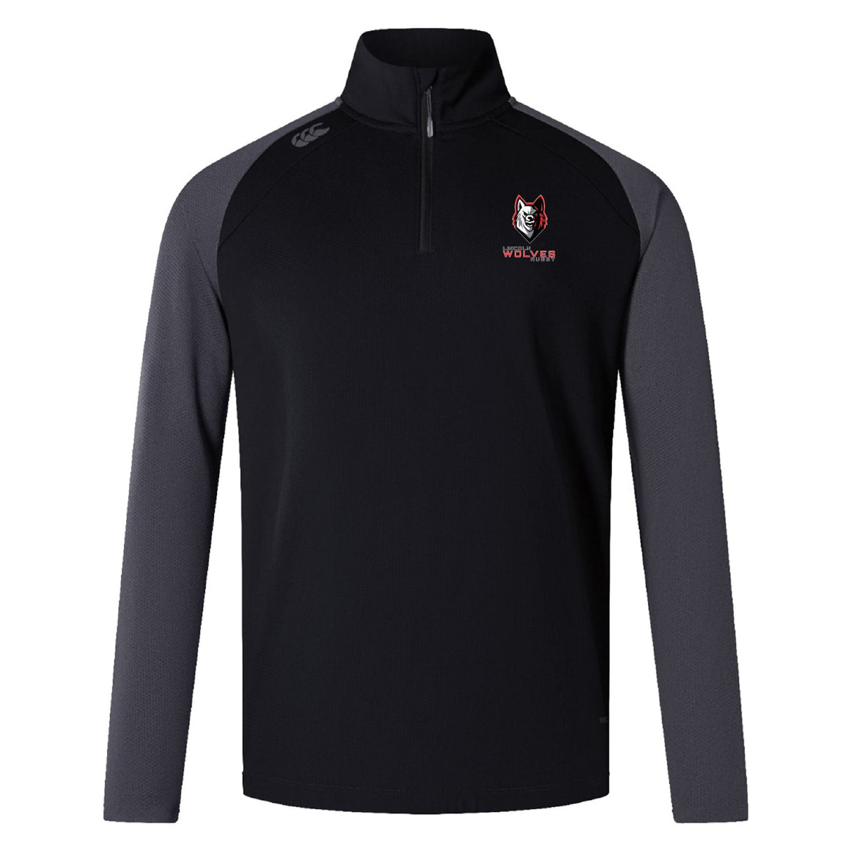 The Lincoln Wolves Women's Elite First Layer by EMB Canterbury is a black and dark gray long-sleeve quarter-zip pullover with "Wolves" text, a wolf logo on the left chest, and VapoDri tech for advanced moisture wicking.