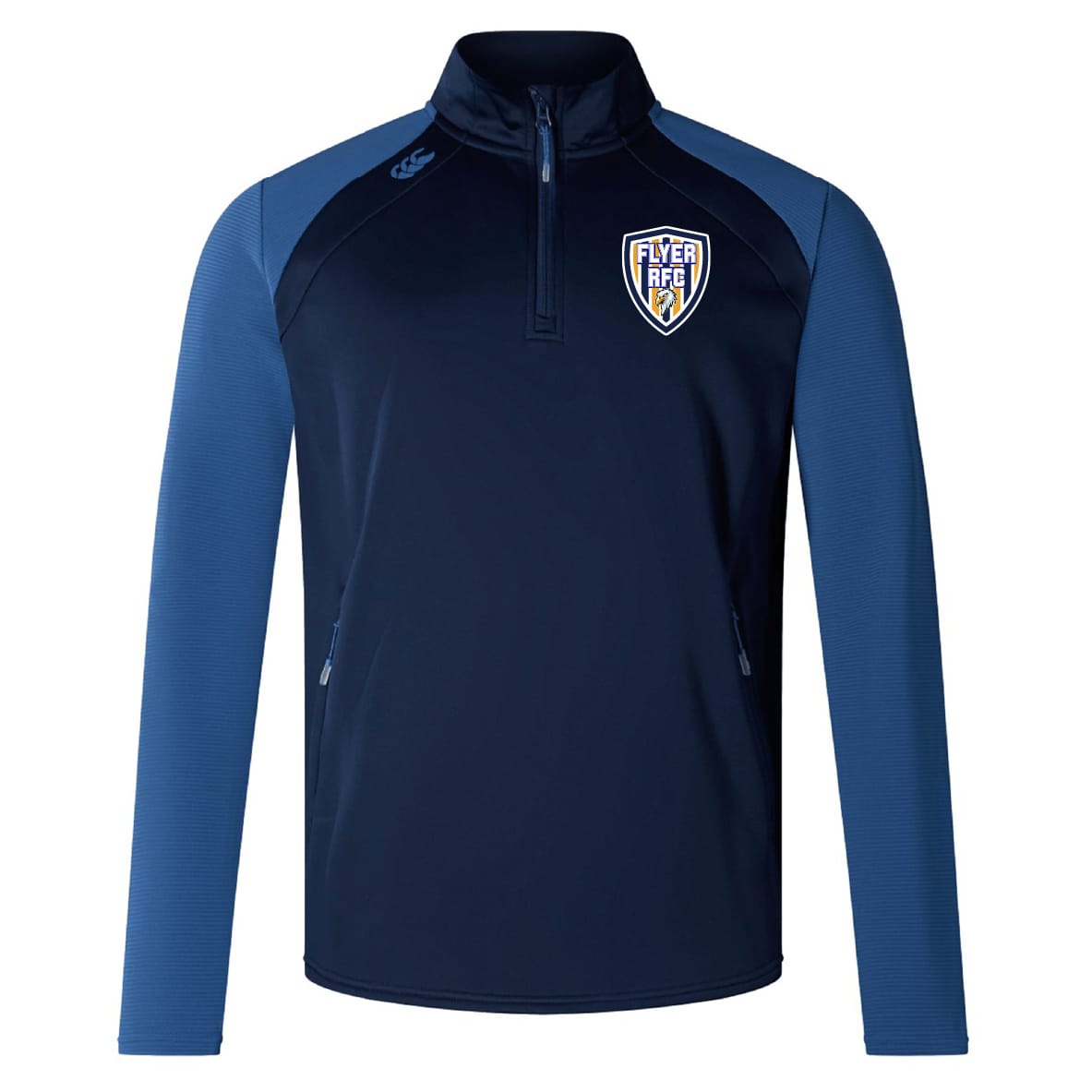 The Franklin County High School Rugby Elite First Layer by EMB Canterbury features navy and blue colors, long sleeves, a quarter zip, side pockets, VapoDri tech, and a "Flyer RFC" chest crest.
