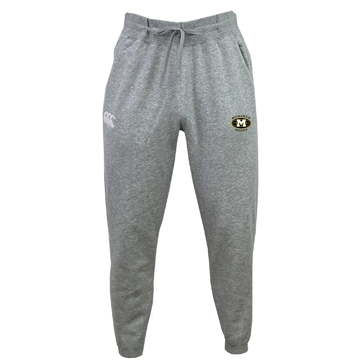 The Monarch Rugby Club Leisure Sweatpant by EMB Canterbury is crafted from recycled polyester fleece, with a drawstring waist, white brand logo on the left hip, and rugby club crest on the right thigh.