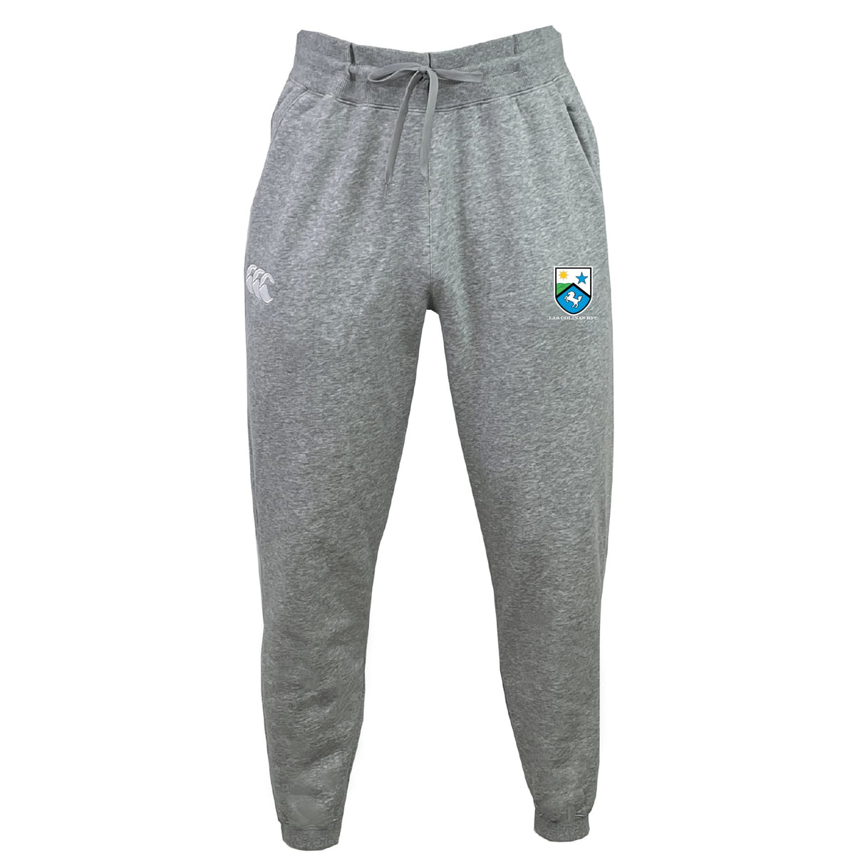 The Las Colinas Rugby Leisure Sweatpant by EMB Canterbury features a drawstring waist, recycled polyester fleece, a white logo on the left thigh, and a colored crest logo on the right thigh.